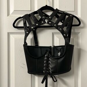 Dollskill Widow Underbust corset harness black leather straps size XS lace & zip
